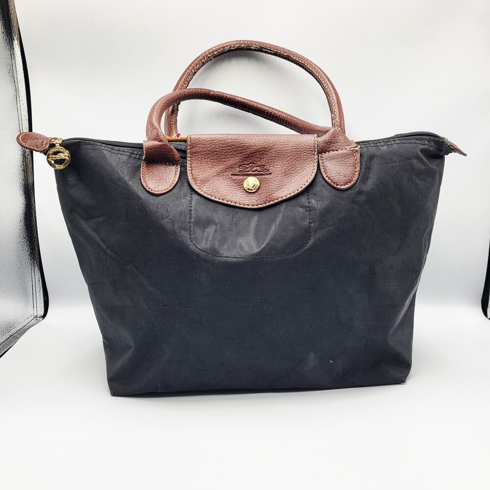 Longchamp Le Pliage Original Black Nylon Tote Bag Brown Leather Accents Travel